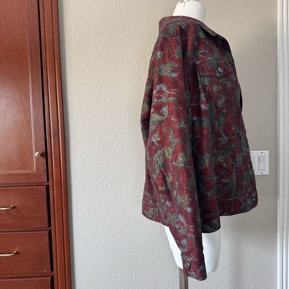 CJ Banks Red and Green Jean Jacket with Floral Pattern X - Picture 6 of 12